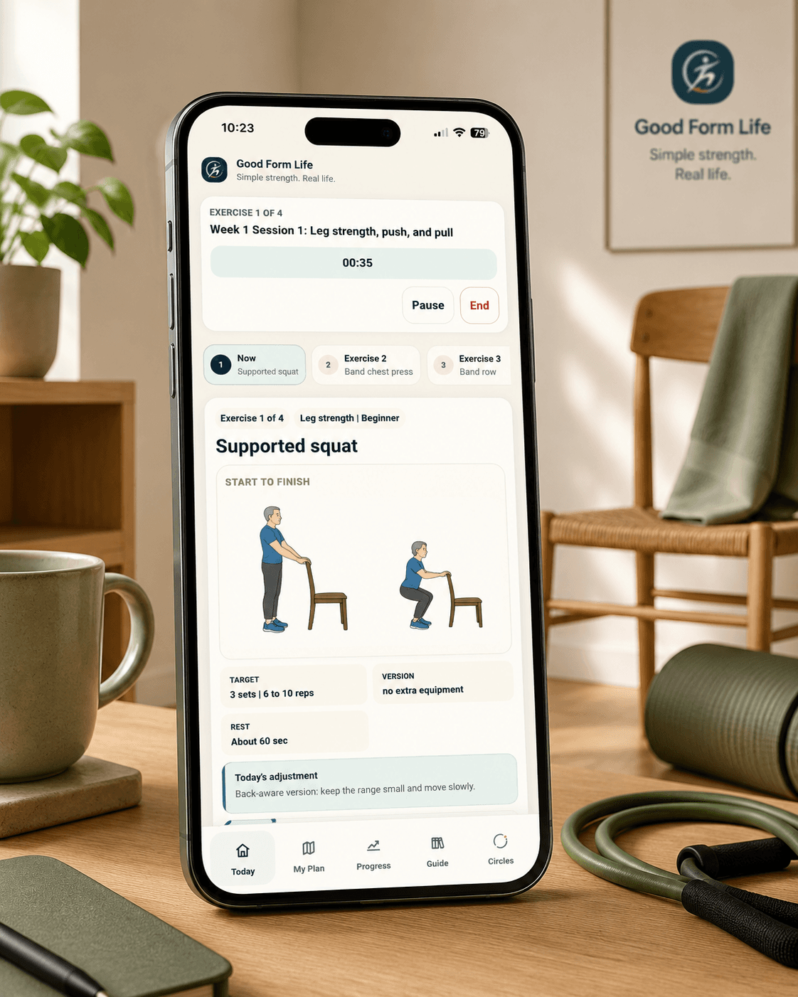 The Good Form Life app showing a guided strength session with a timer, clear exercise guidance, and simple progress feedback.